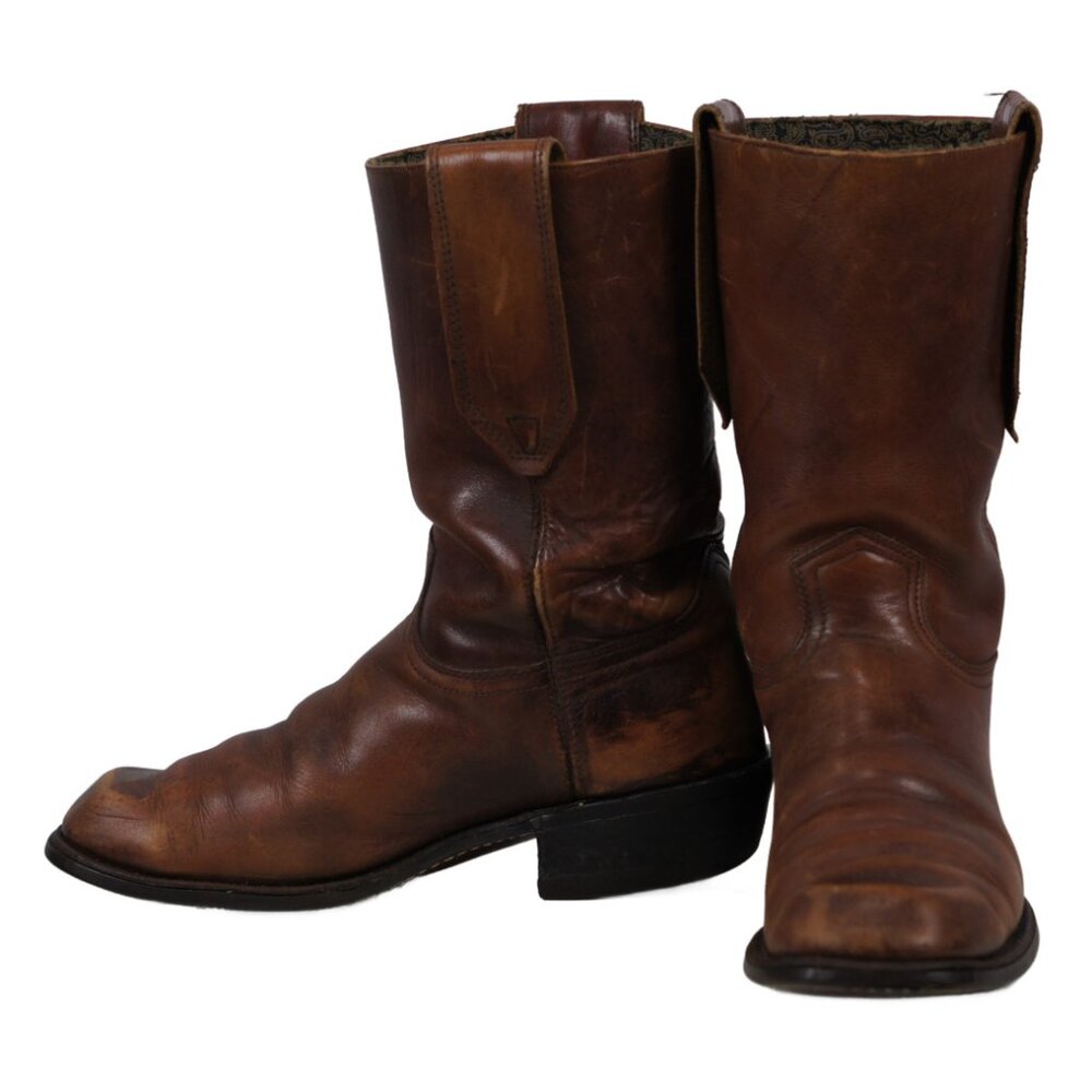 Vintage Brown Leather Square Toe Biker Boots Paisley Lining Rock N Roll Men 9.5